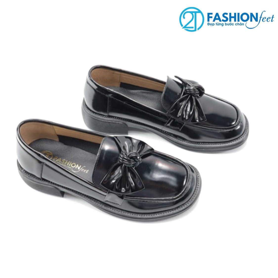 Giày moca chất da bóng chính hãng 2tfashion feet, dáng búp bê phối nơ xinh ,gót 5 phân - hcg0026