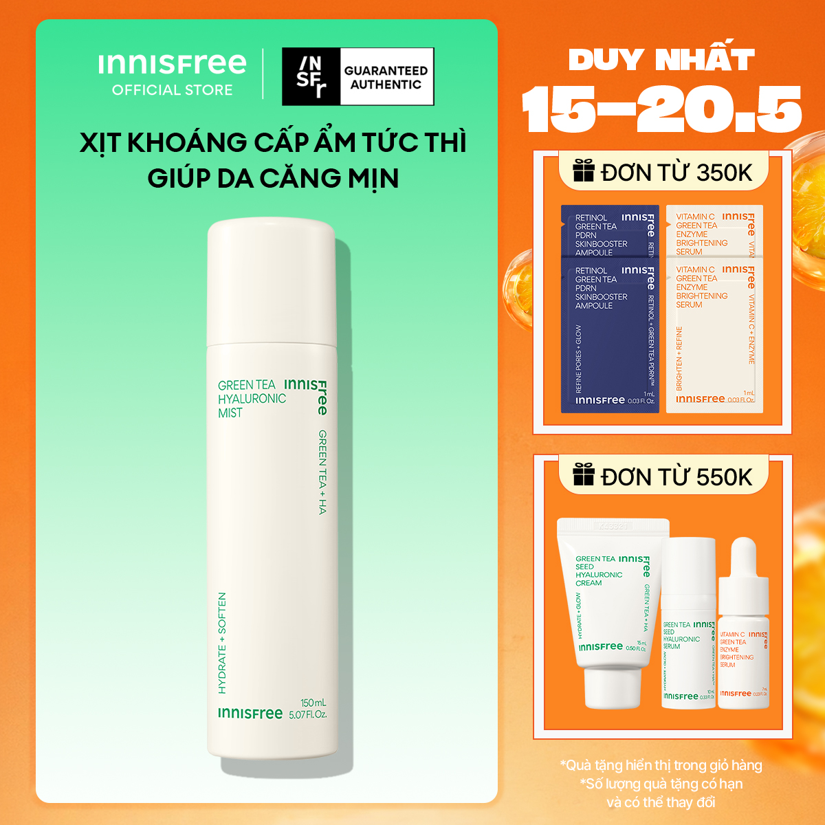 Xịt khoáng dưỡng ẩm từ trà xanh INNISFREE Green Tea Hyaluronic Mist