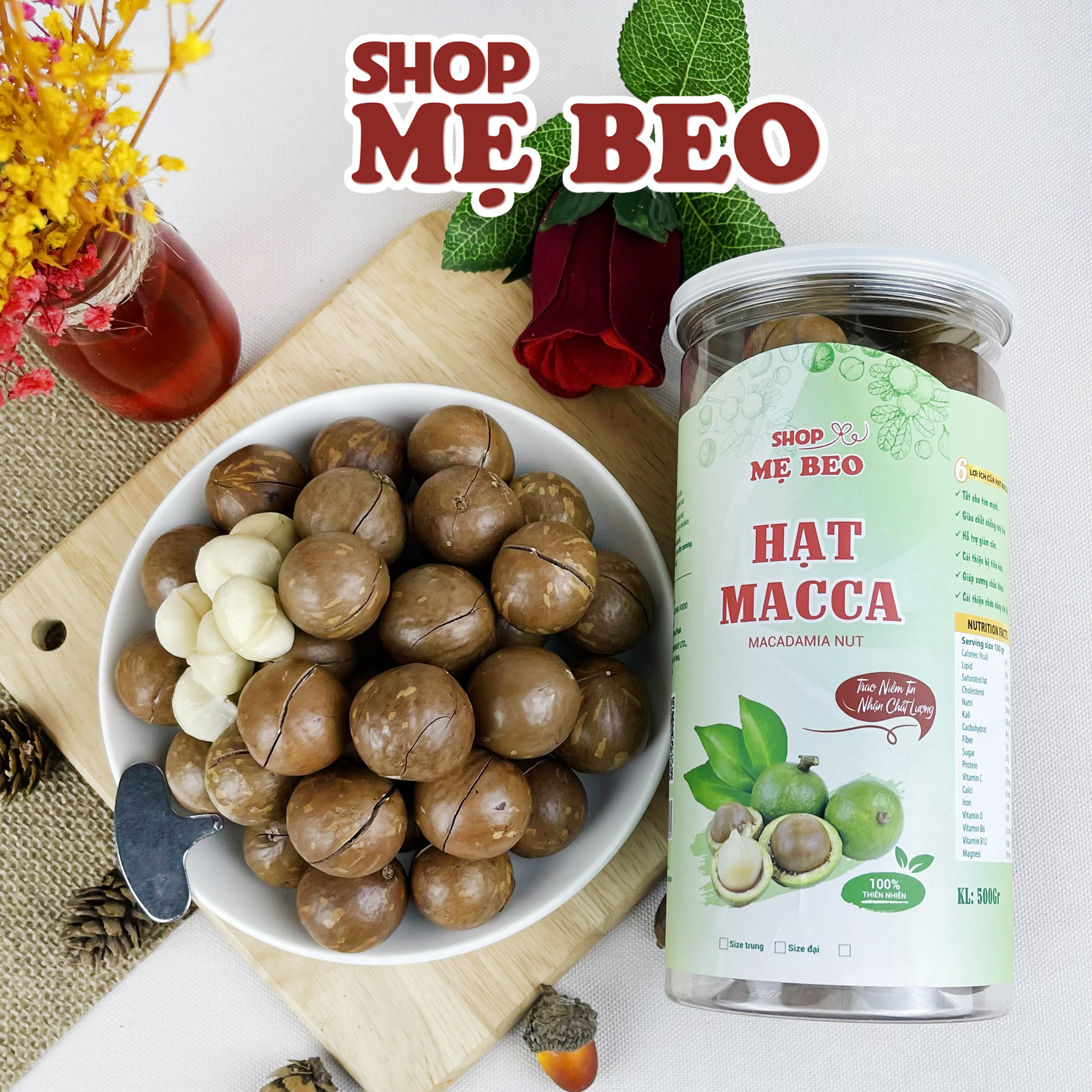 500gr hạt macca sấy chín nứt vỏ đaklak shop mẹ beo hộp pet