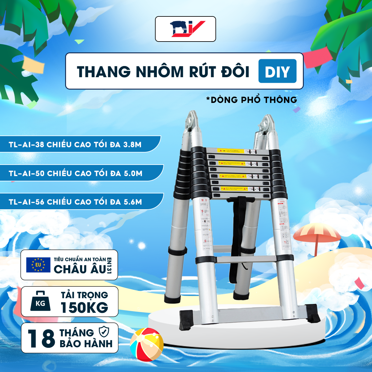 Thang nhôm rút đôi cao cấp nhập khẩu diy chiều cao tối đa chữ a 3.8m - 5.0m - 5.6m, tải trọng 150kg