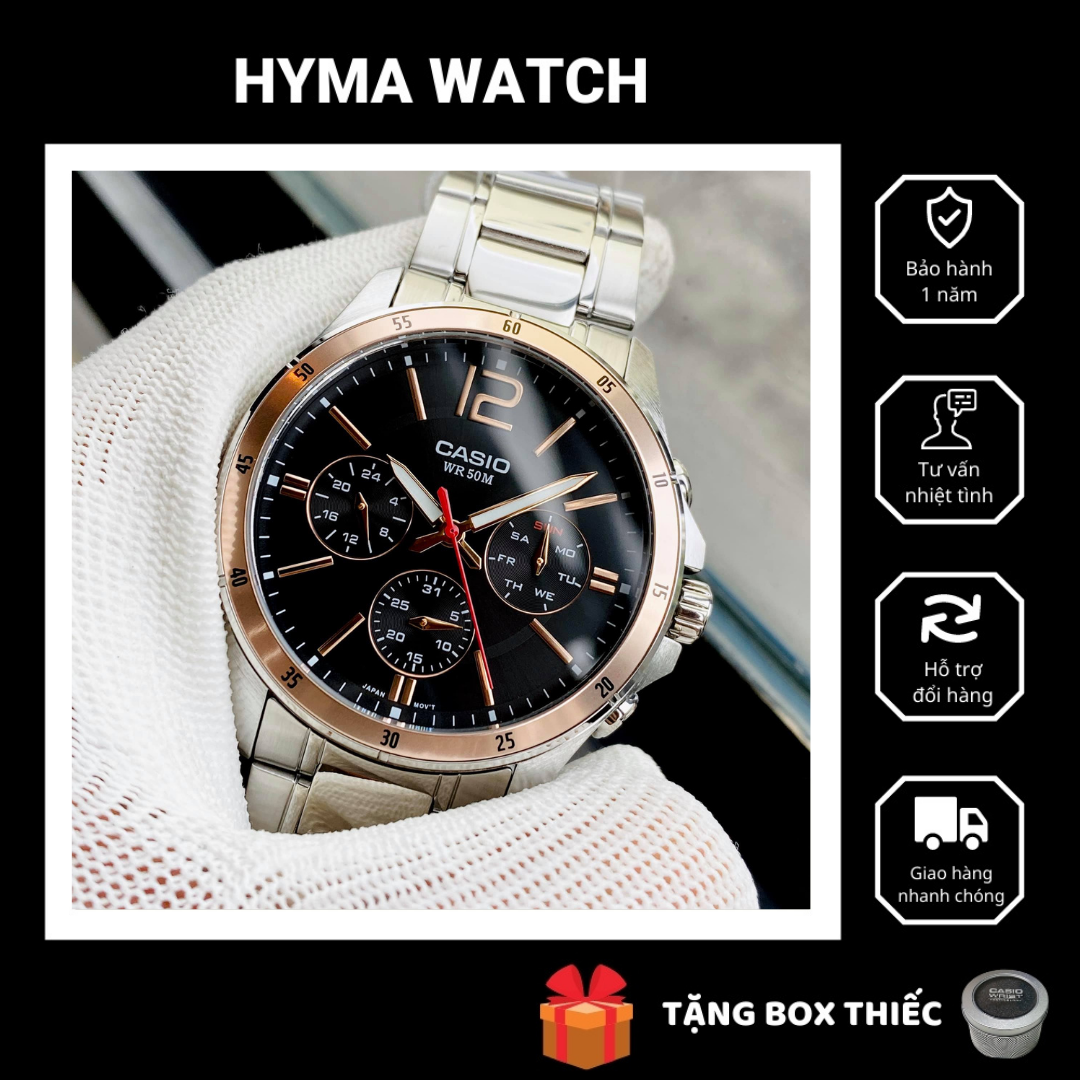 Đồng hồ nam dây thép mặt đen viềng Rose Casio MTP 1374D-1A2 chống nước 5ATM Size 42m Bảo hành 1 năm Hyma watch