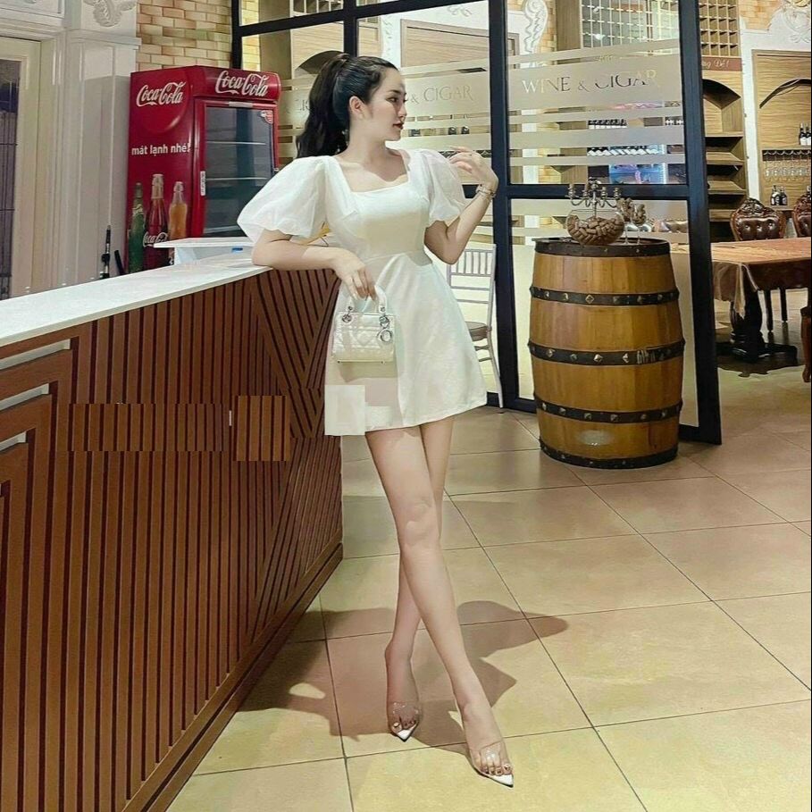 Váy tiểu thư punmax hq104 váy ngắn tay phối tơ xốp, cổ vuông style bánh bèo size s m l
