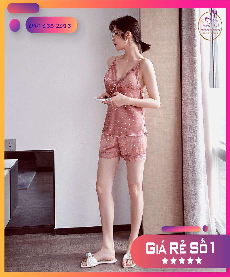Bộ Đồ Ngủ Chấm Bi Sexy - Vải Lụa Mềm Mại,Thoải Mái