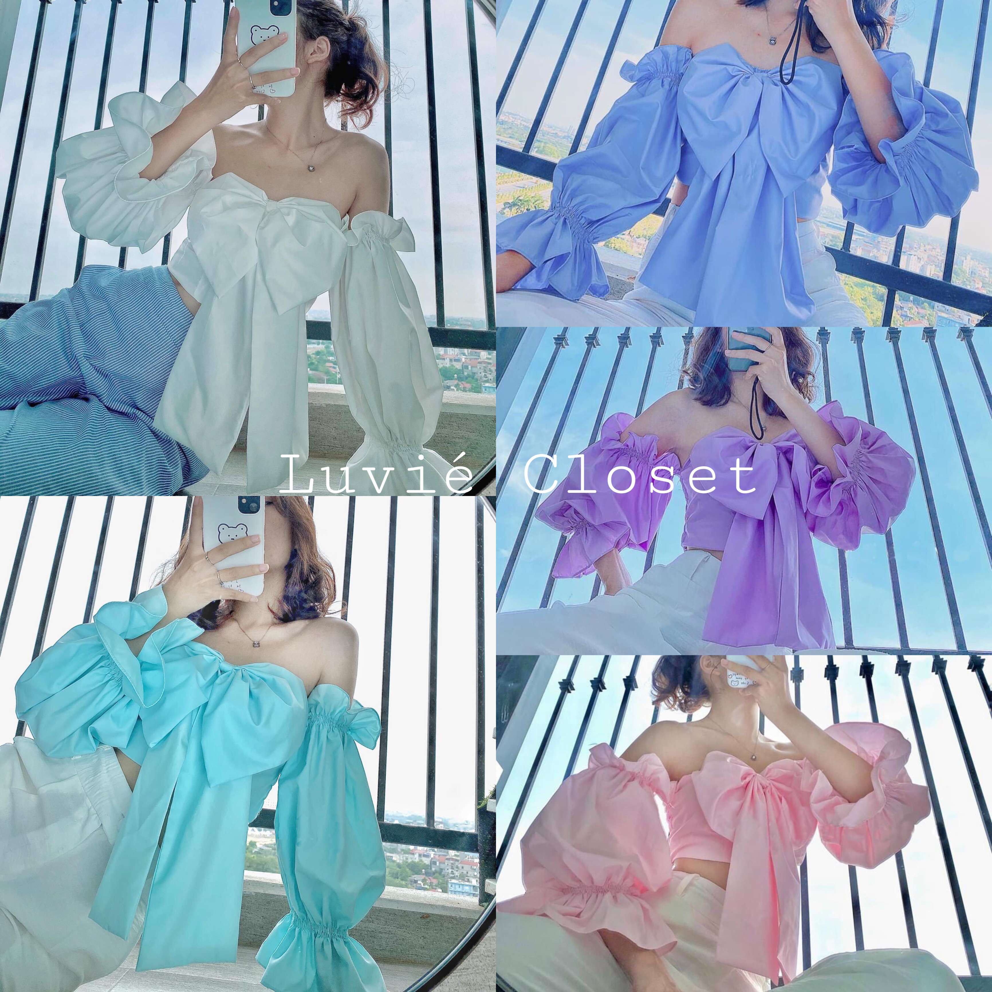 Áo croptop trễ vai nơ to trước ngực tay phồng - Luvie