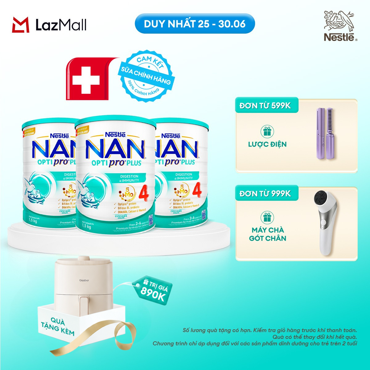 [CHỈ 25-30.06 QT Đơn 599K/999K][Tặng Nồi chiên không dầu Gaabor] Bộ 3 lon Sữa bột Nestlé NAN OPTIPRO PLUS 4 1500g/lon với 5HMO Giúp tiêu hóa tốt