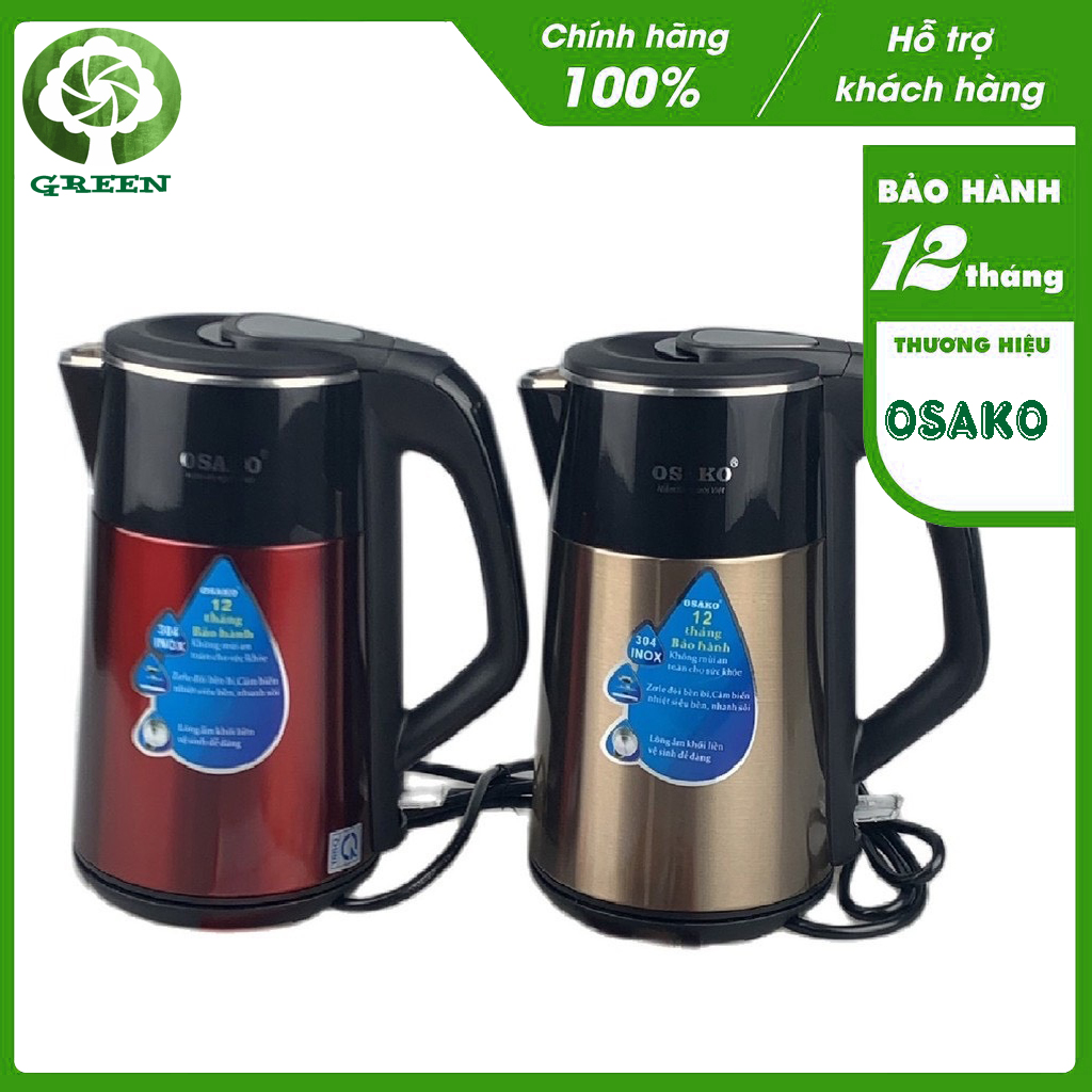 Ấm siêu tốc 2l inox 304 nguyên khối osako osa-300 chống bỏng 2 lớp công suất 1500w đun nhanh tiết kiệm điện