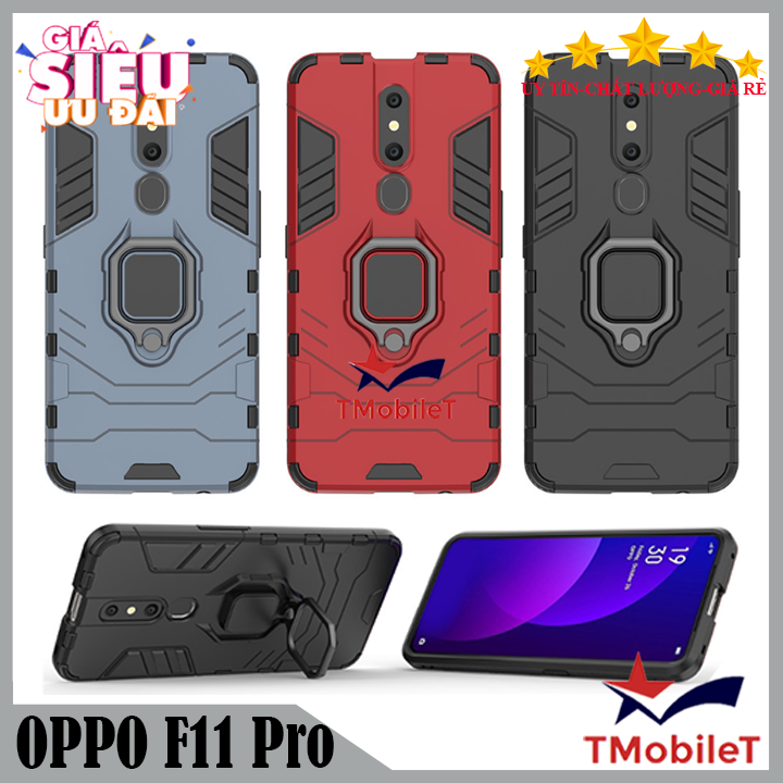 Ốp lưng OPPO F11 Pro chống sốc Iron Man gắn giá đỡ iring hỗ trợ xem video, chống va đập mạnh - Màu Đen