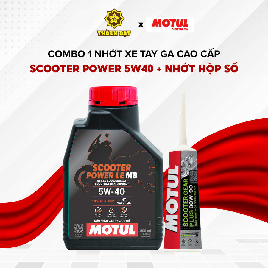 Combo Nhớt Xe Tay Ga Motul Scooter Power LE 5W40 & Nhớt Láp Gear Plus cho Vision, Air Blade, SH, Vario, Lead, NVX (Chính Hãng)
