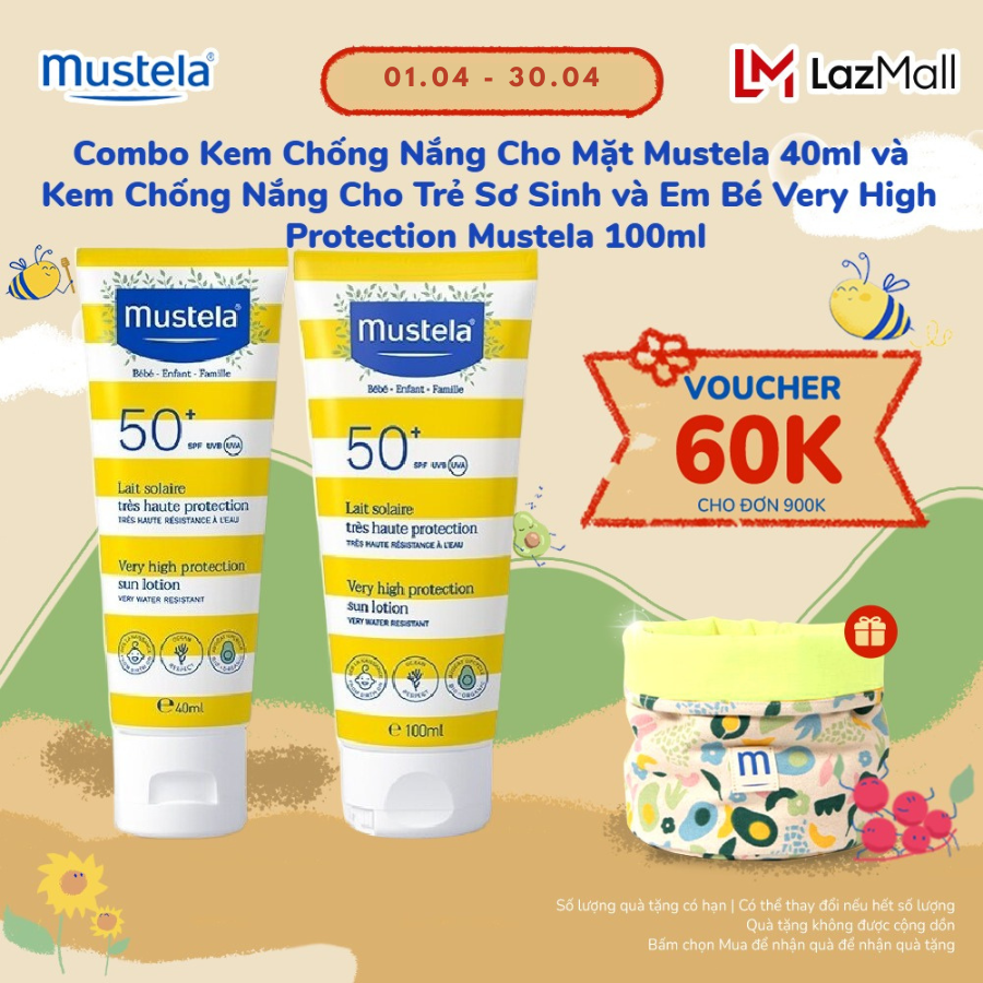 Combo Kem Chống Nắng Cho Mặt Mustela 40ml và Kem Chống Nắng Cho Trẻ Sơ Sinh và Em Bé Very High Protection Mustela 100ml