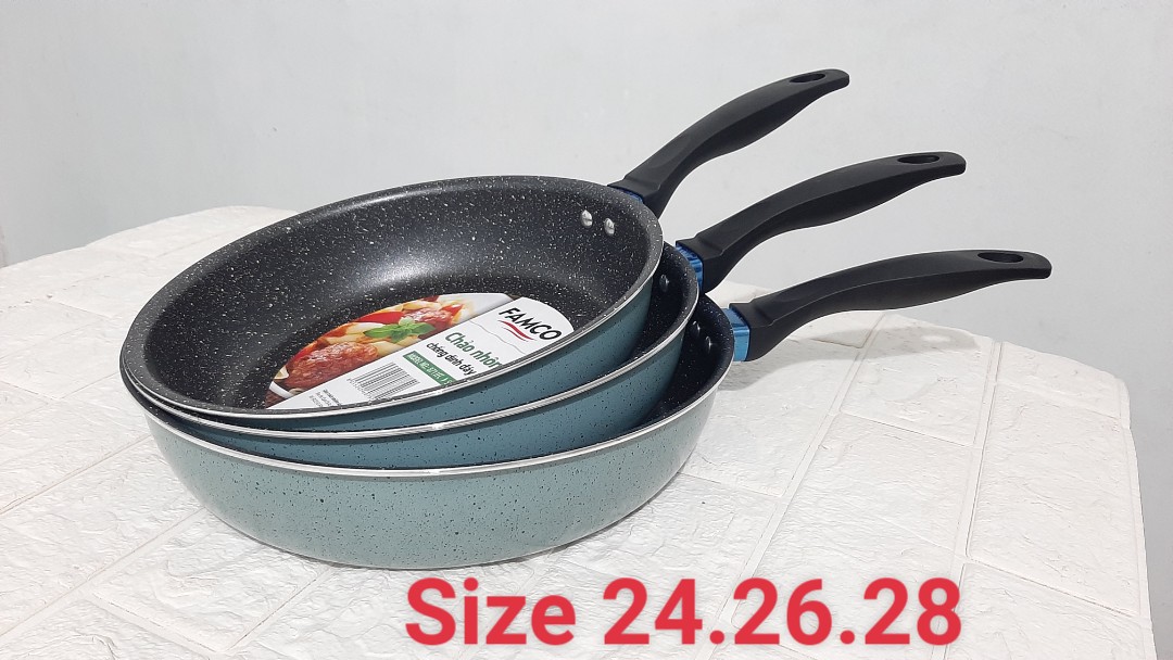 Chảo chống dính vân đá đáy từ Famco đủ cỡ 24 26 28 cm - dùng được bếp từ