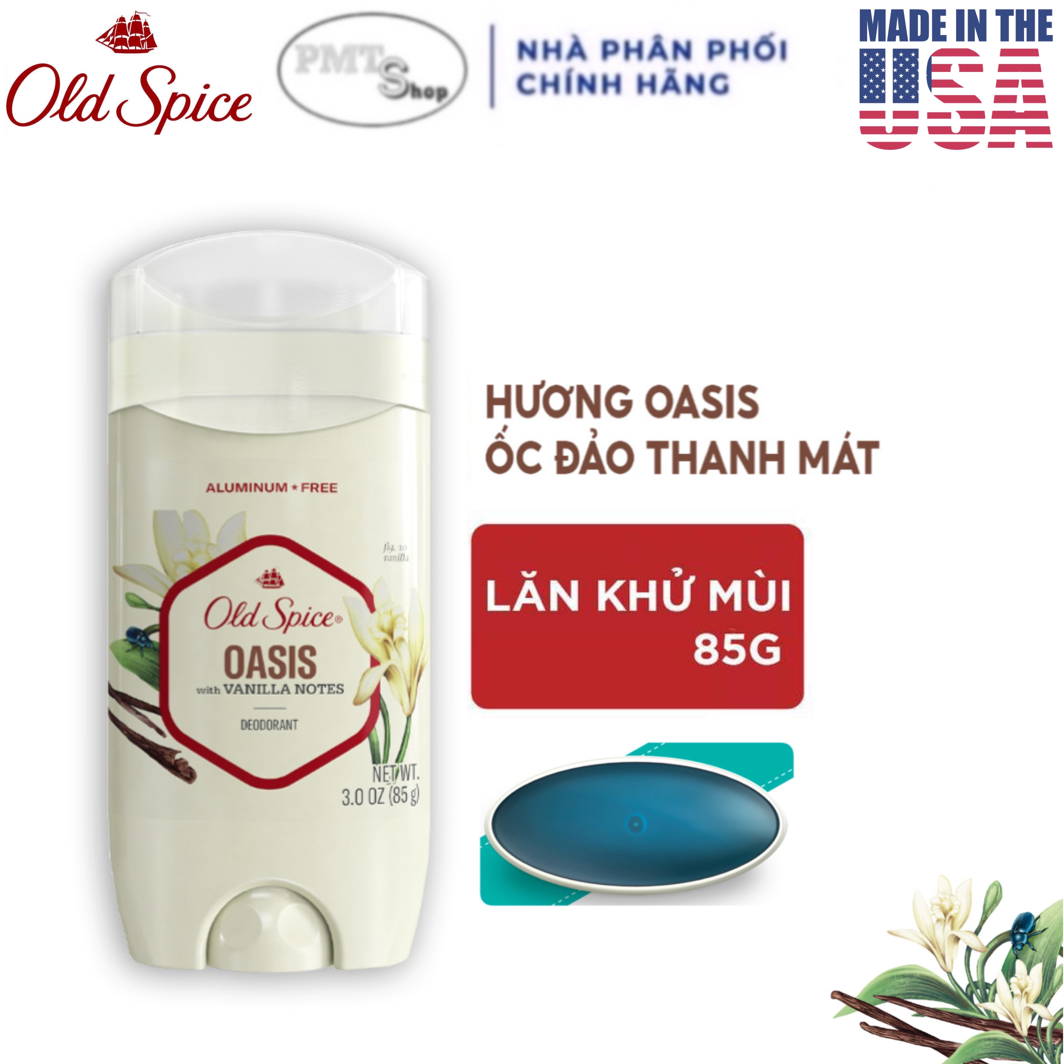 (NK Mỹ) Lăn khử mùi Old Spice Oasis With Vanilla Notes 85g sáp xanh Made in USA