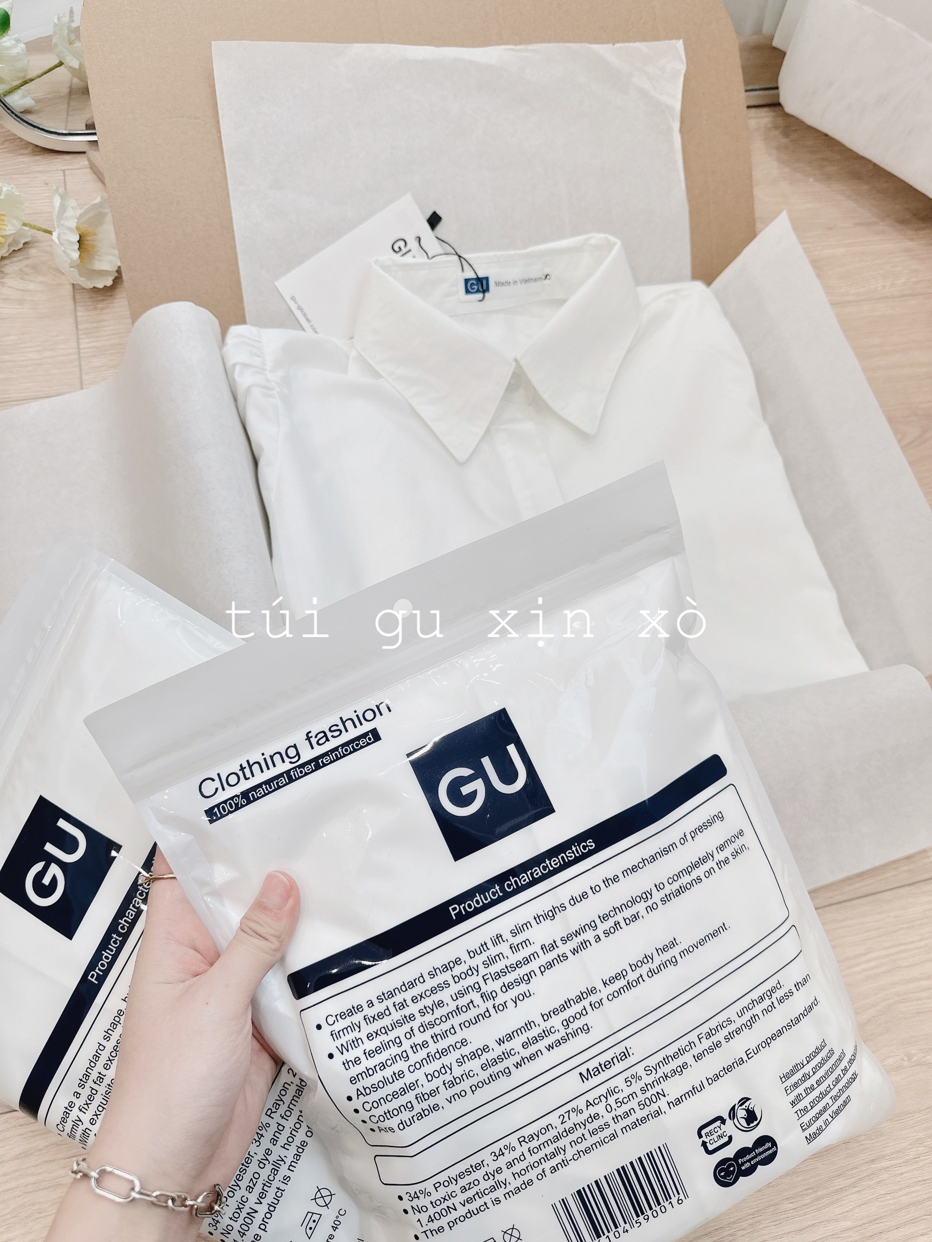 Áo sơ mi chữ GU cộc, tay bồng Hàn Quốc đẹp cháy phố
