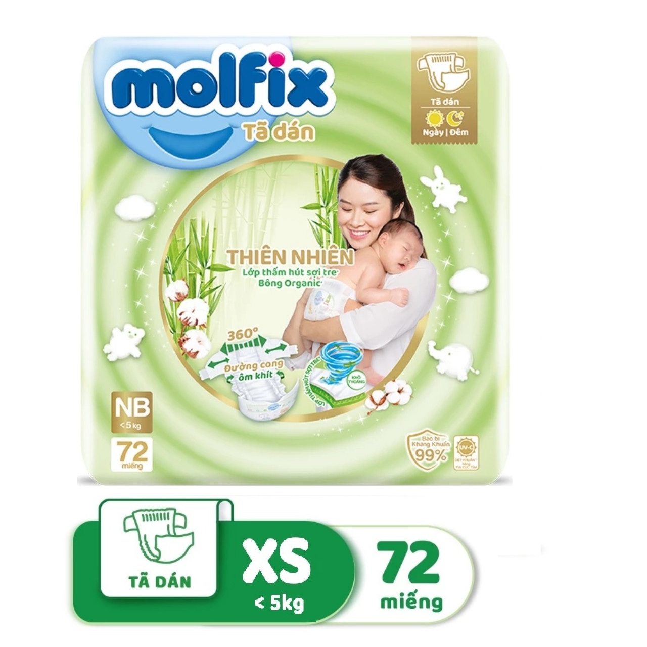 Tã dán Molfix thiên nhiên an toàn bông tự nhiên size sơ sinh XS (< 5kg)  thêm miếng XS44/XS72