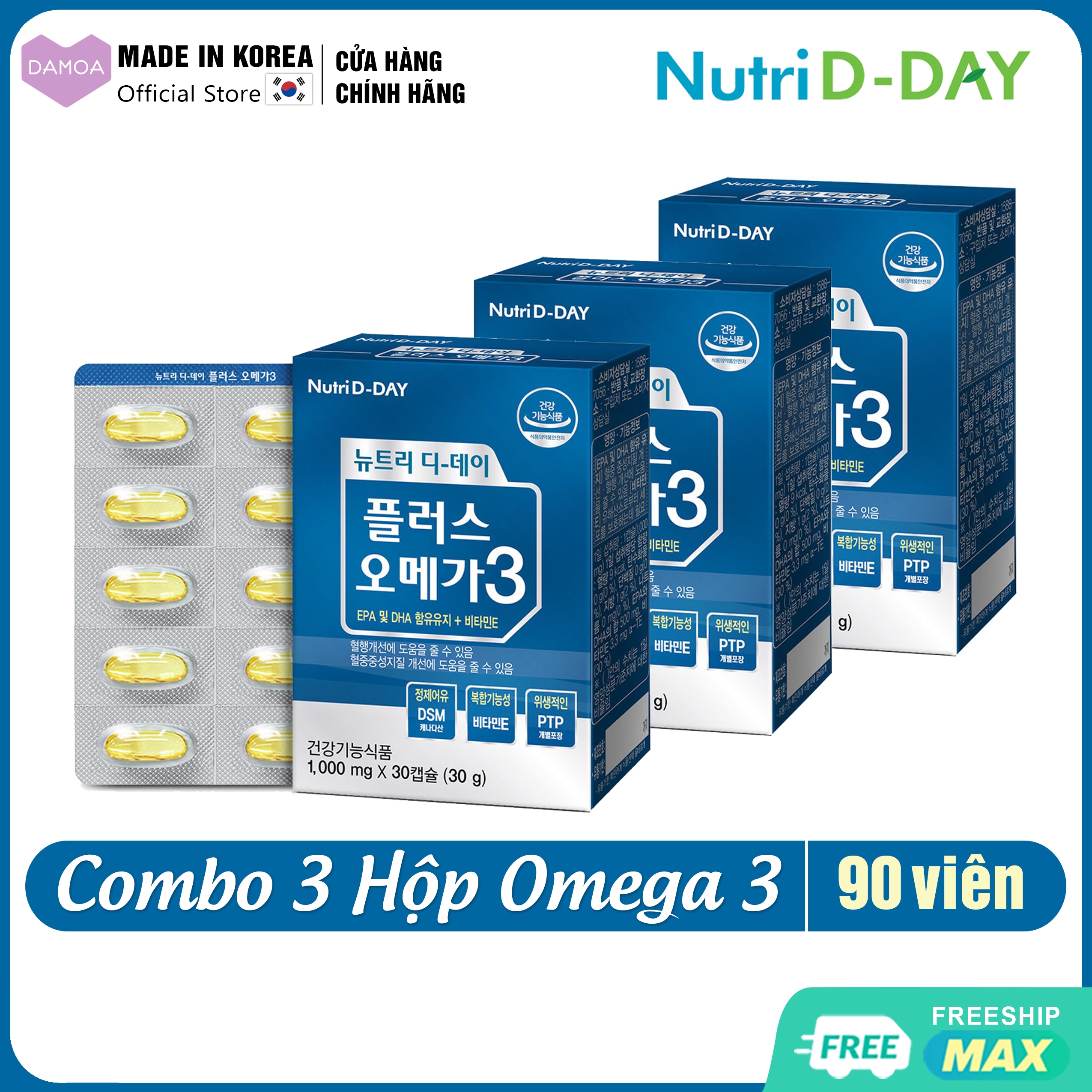 Combo 3 Hộp Viên uống Dầu cá OMEGA 3, EPA, DHA Plus Sức khỏe Tim mạch, Xương khớp, Thị lực Nutri D-Day Thực phẩm chức năng Hàn Quốc Damoa