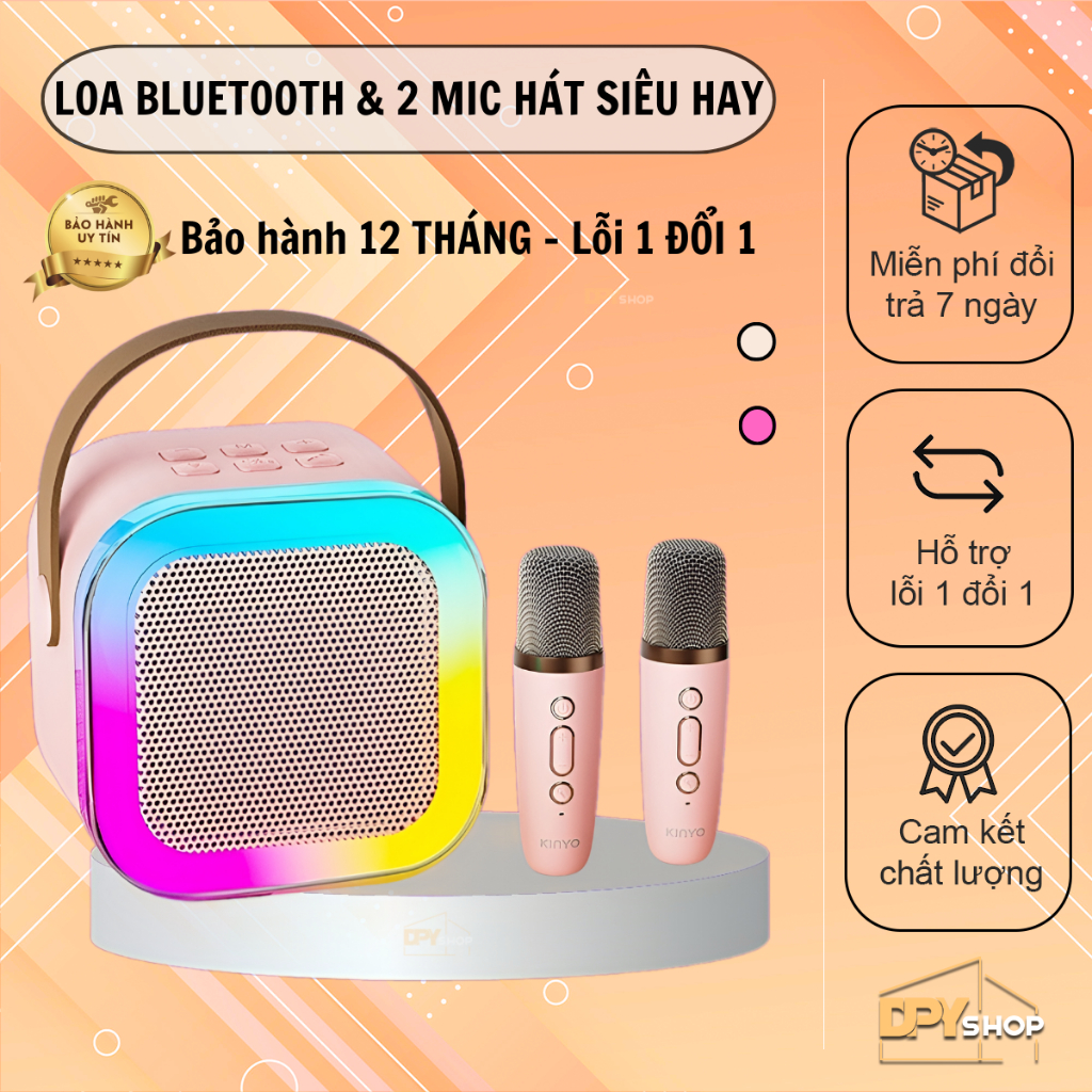 Loa Bluetooth Karaoke Mini K12 kèm mic không dây công suất 10W, Loa Karaoke 2 Mic Thay Đổi Tông Chất Lượng