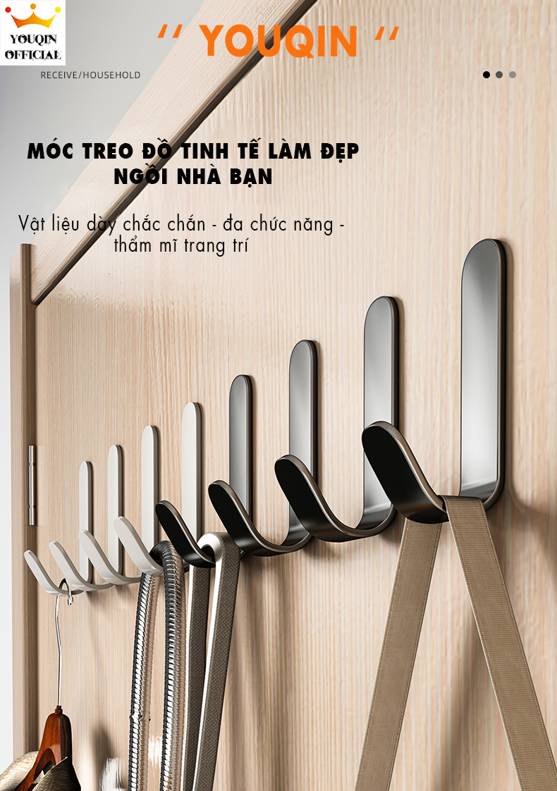 Bộ 5 móc treo đồ dán tường, móc dán tường siêu dính, móc dán tường chịu lực - youqin chất liệu hợp kim thép không gỉ, dán tường siêu chắc, không khoan đục tường