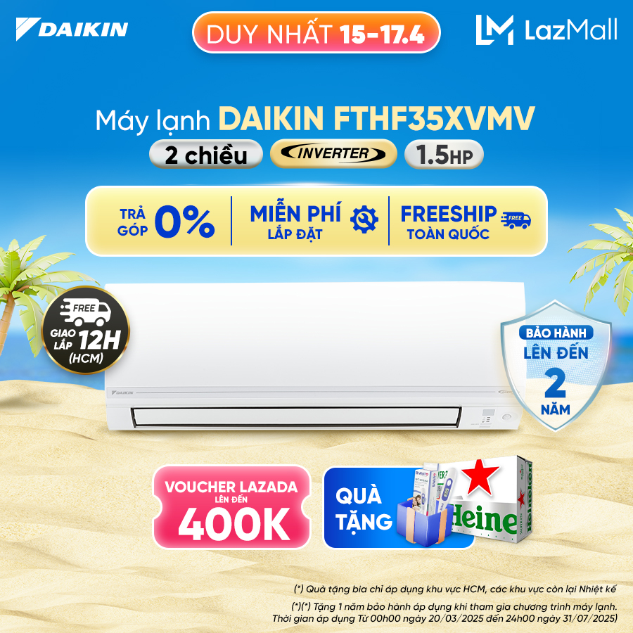 [MIỄN PHÍ LẮP ĐẶT 1TR3] - Điều hòa Daikin Inverter 2 chiều FTHF35XVMV - 1.5HP (12000BTU)