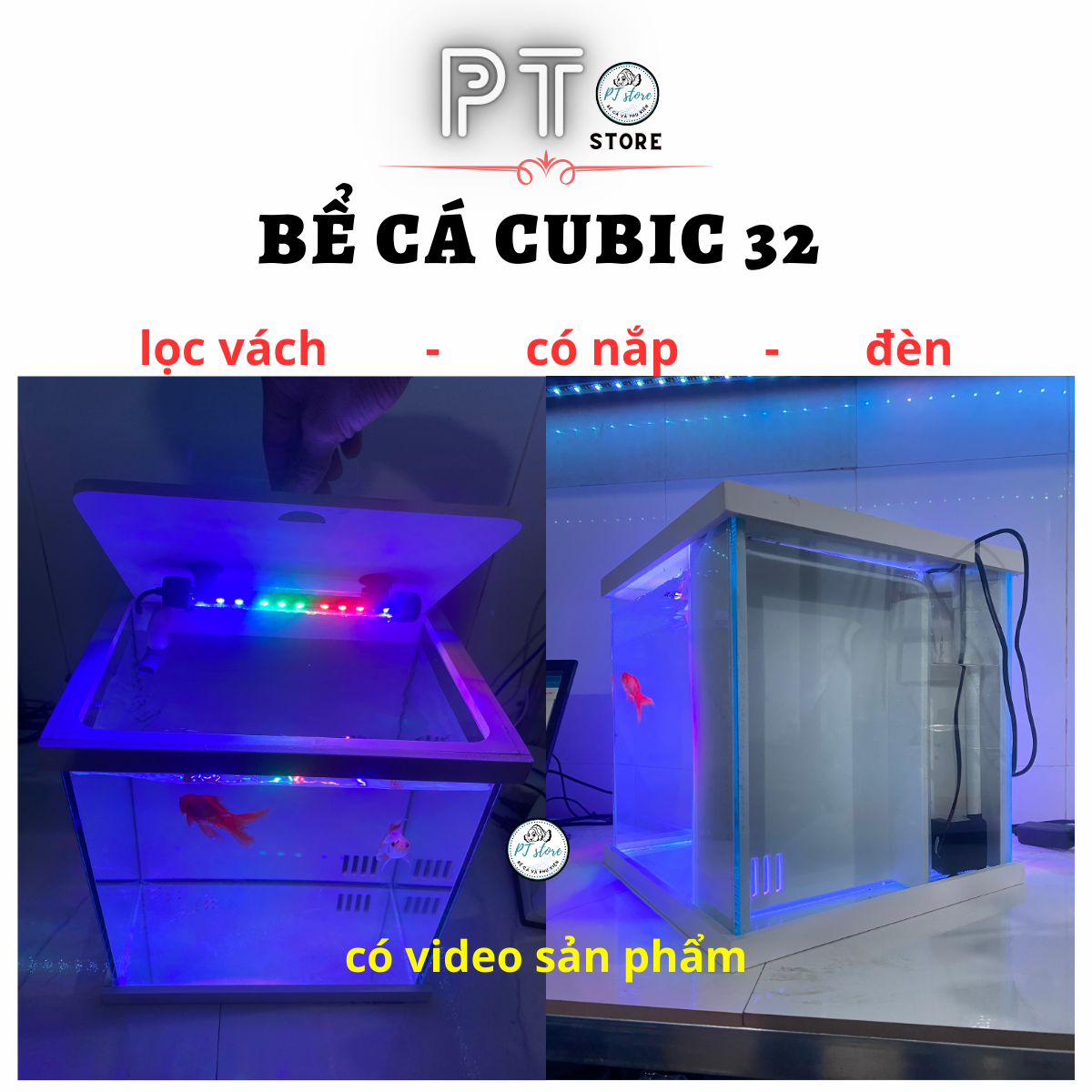 Bể cá mini ,bể cubic 32cm nuôi cá cảnh để bàn tích hợp lọc vách có nắp đậy và đế
