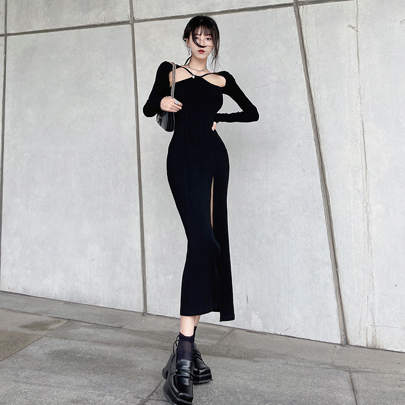 Đầm body midi xẻ tà phối cổ yếm tay dài sexy quyến rũ - đ2061 t3
