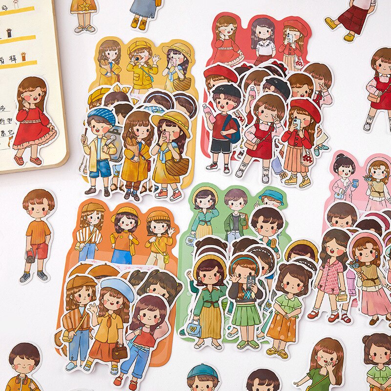 Túi 20 miếng hình dán trang trí mẫu cô cậu bé siêu dễ thương, Set 20 stickers dán trang trí sổ tay, sổ lưu bút, vật dụng xinh xắn