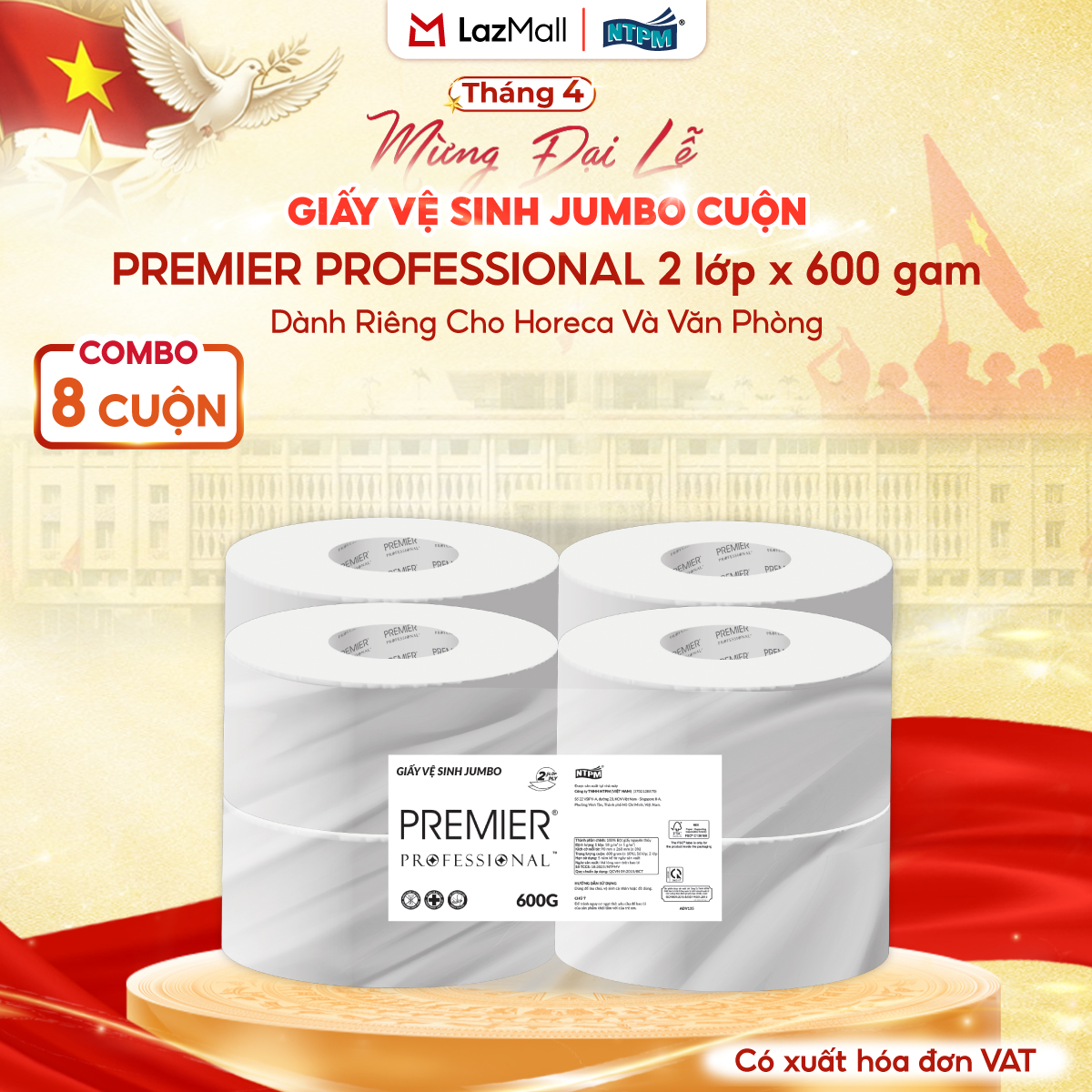 [COMBO 8 CUỘN] Giấy vệ sinh Premier Professional cuộn JUMBO dành riêng cho HORECA và Văn Phòng, 2 lớp -  100% bột giấy nguyên sinh, không chất tẩy, 600gr/cuộn - Chính hãng