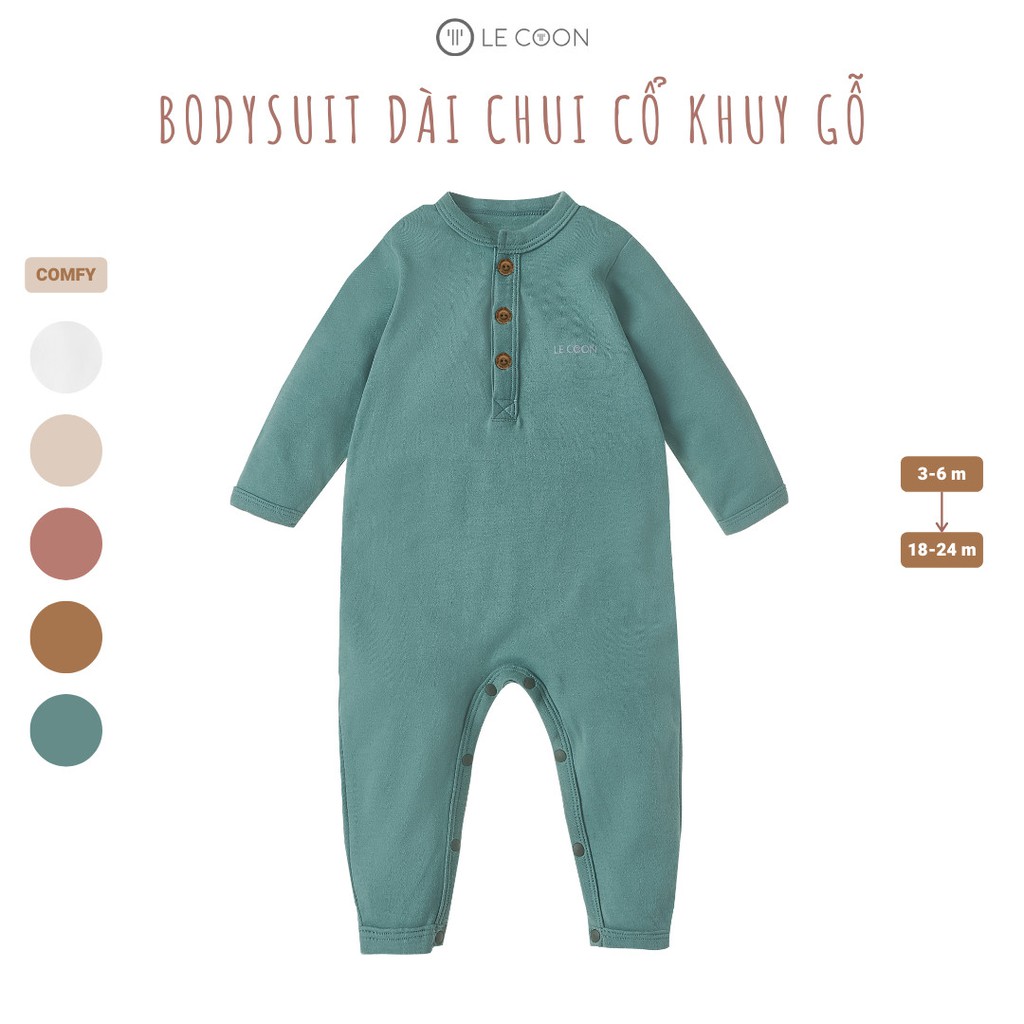 Lecoon bodysuit lecoon cho bé dài chui cổ khuy gỗ lc0549