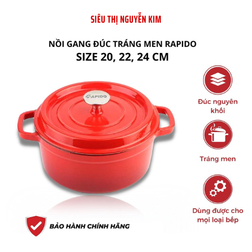 Bộ Nồi gang đúc tráng men Rapido , nồi gang đúc nguyên khối, nồi gang đúc nấu cơm , nồi gang kho cá, xoong nồi nhà bếp, nồi men tráng sứ
