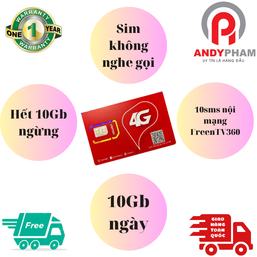 FREESHIP - CHƯA KÍCH HOẠT. Sim 4G Viettel trọn gói 1 năm, từ 01Gb đến 10Gb data tốc độ cao ngày, hết tốc độ cao ngưng truy cập.  BH 12th
