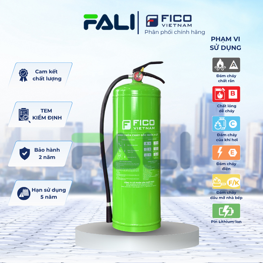Bình chữa cháy đa năng gốc nước có tem kiểm định, bình cứu hoả dành cho pin xe điện 9L FICO FC-109-WB