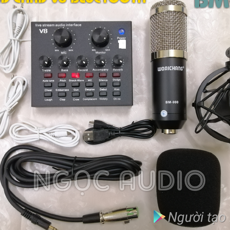 Sound card live stream V8 và Micro BM-900 kèm dây live stream tặng tai phone