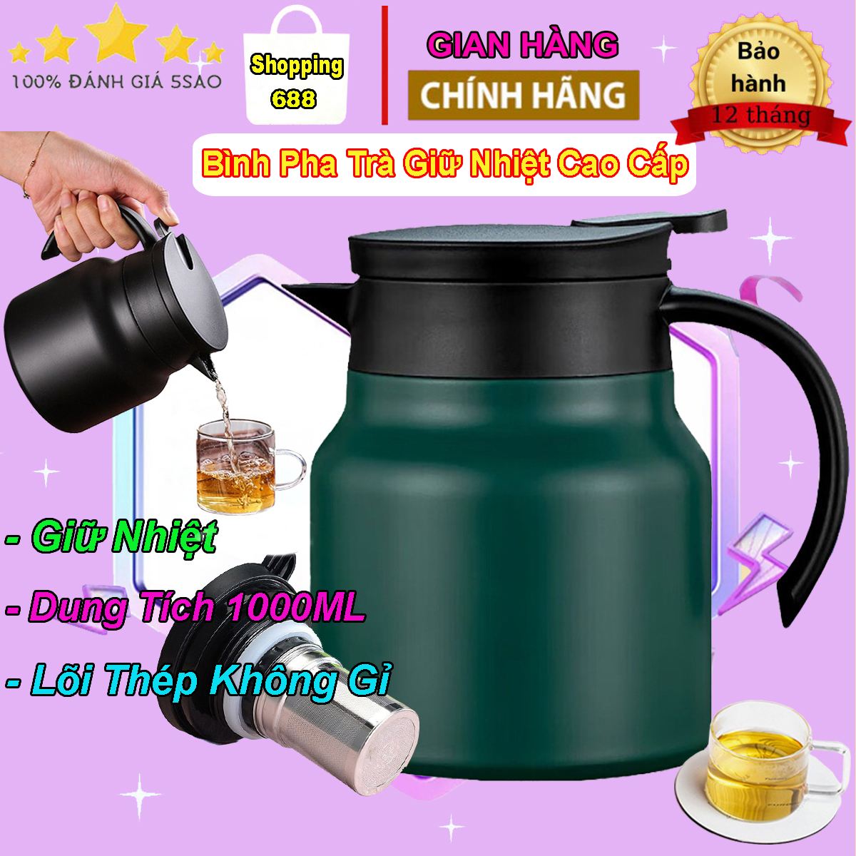 Ấm pha trà giữ nhiệt inox 316 dung tích 1 lít, bình pha trà giữ nhiệt có lõi lọc, bình giữ nhiệt, phích pha trà chất liệu an toàn, giữ nhiệt lâu, bình nước giữ nhiệt, ấm pha cà phê