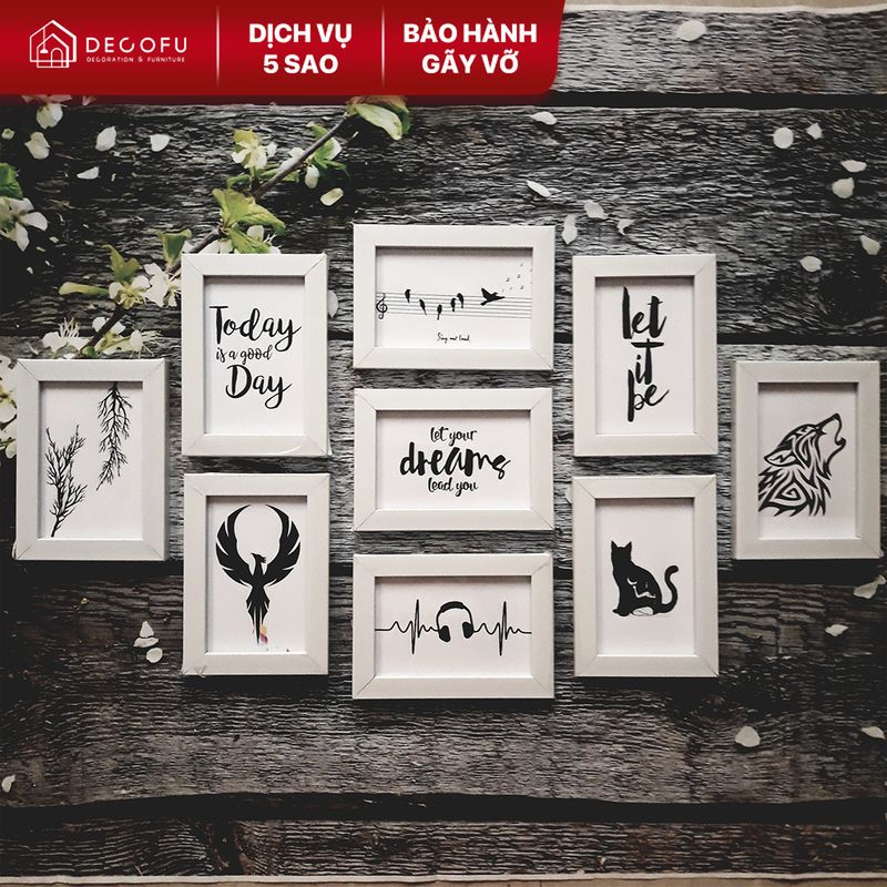 Bộ khung ảnh treo tường DECOFU 9A6 mặt kính tranh trí phòng ngủ, tặng sticker bất kỳ