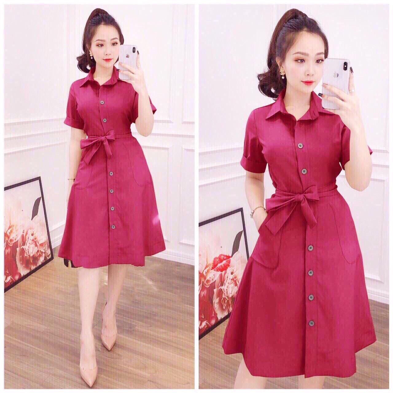 Đầm nữ sơ mi cột nơ eo cổ đứng voan lụa cao cấp thời trang olivia secret vnj280