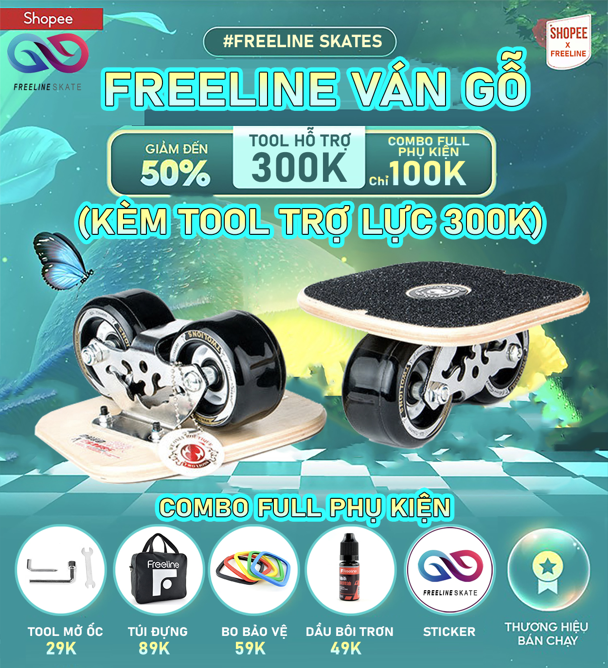 Ván trượt freeline skate gỗ bánh xịn