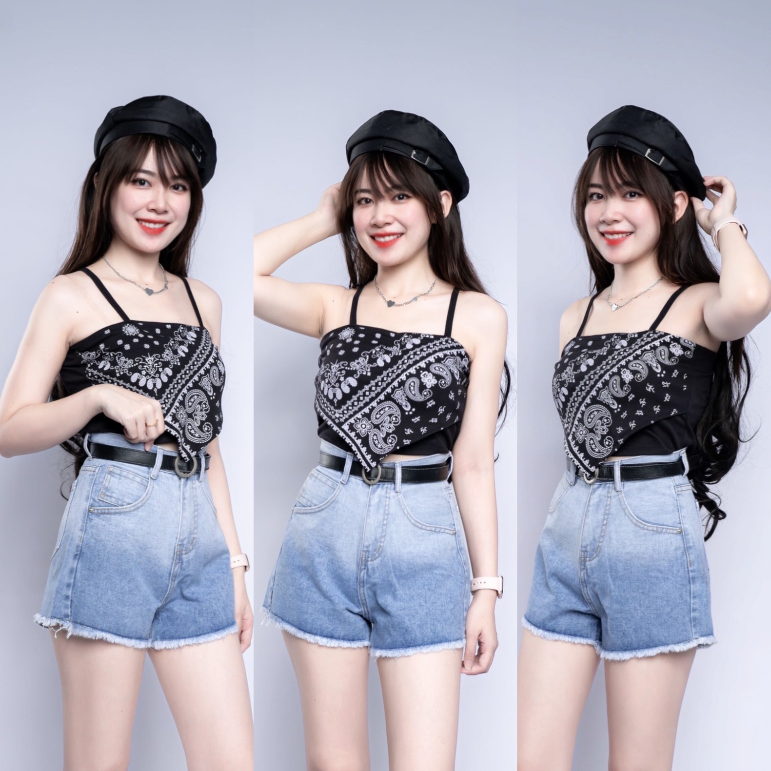 Quần đùi jean nữ trơn loang màu lưng cao không giãn lees022 hình thật video thật