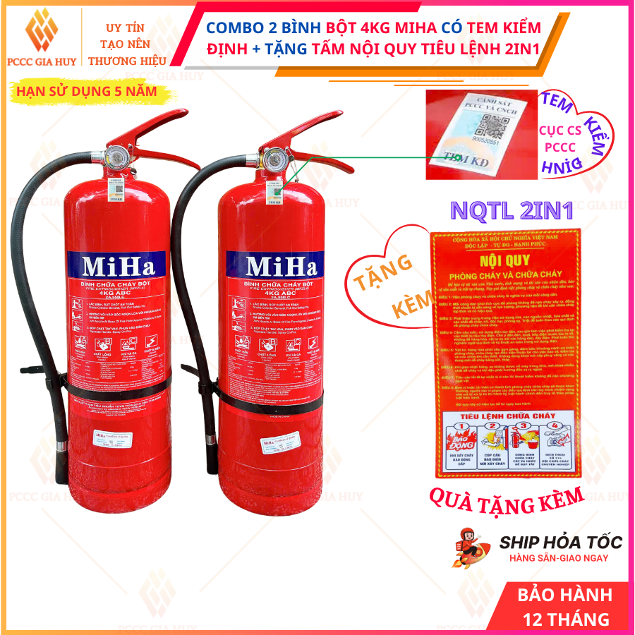  {CÓ KIỂM ĐỊNH} Combo 2 bình chữa cháy Bột ABC 4kg  MIHA có tem kiểm định tặng nội quy tiêu lệnh 2IN1 