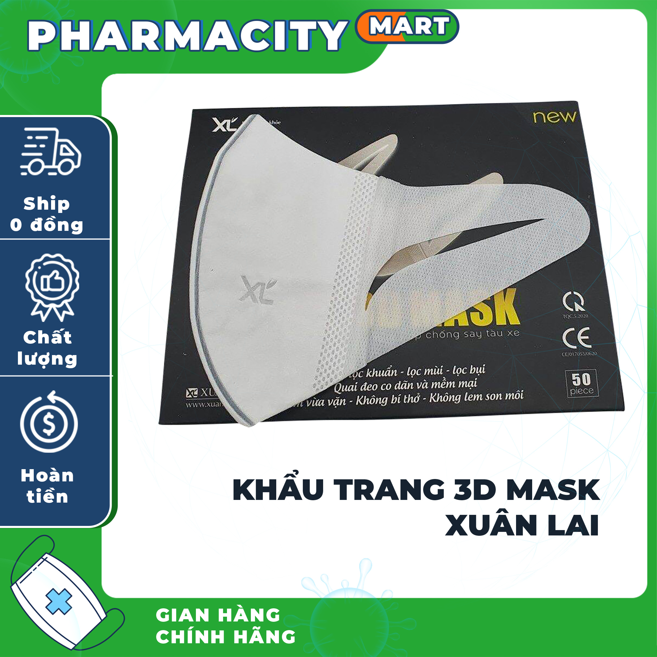 (Chính Hãng) Khẩu trang 3D Mask XUÂN LAI  ( new 2021 vỏ hộp mầu ĐEN )  Công nghệ Nhật Bản (50 cái/ Hộp)  mầu TRẮNG ( shop sẽ gửi hàng loại vỏ ĐEN hoặc XANH )