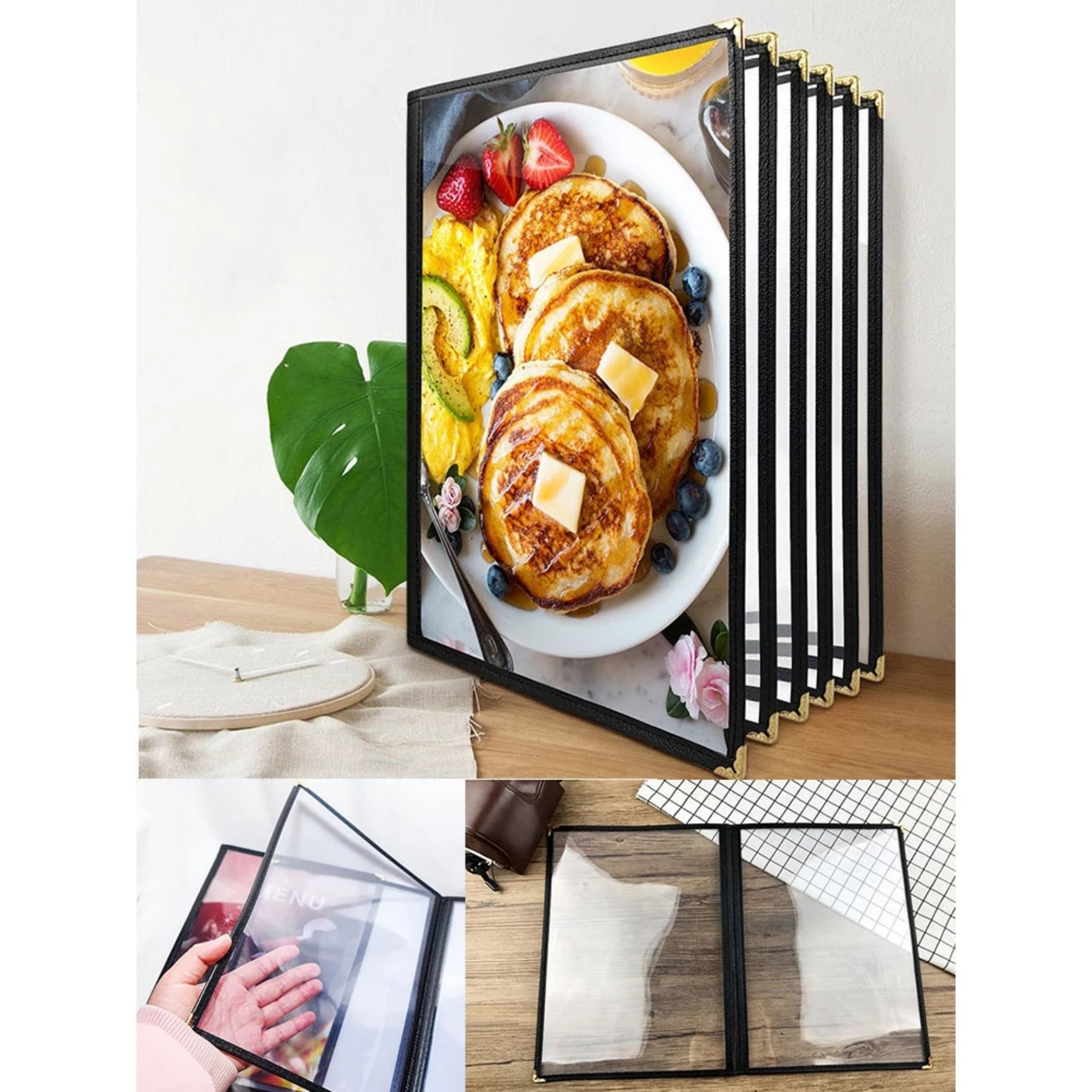Quyển menu trong suốt khổ A4 nhiều lá, bìa menu thực đơn viền da lá trong