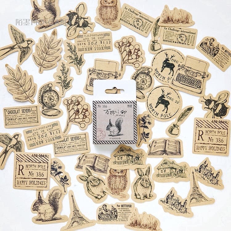 Hộp 45 sticker động vật vintage Canarystore54