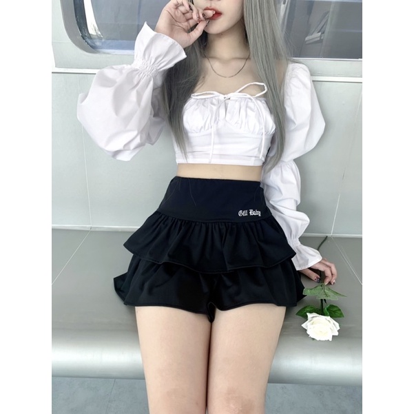 GILL BABY | Áo croptop tay phồng nhún ngực thắt dây đi chơi hẹn hò