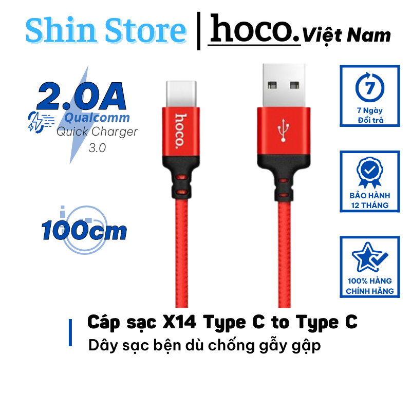 Cáp sạc nhanh 2.0a hoco x14, dây sạc usb to type c cho samsung, vivo, oppo, android type c độ dài 1m 2m -shinstore