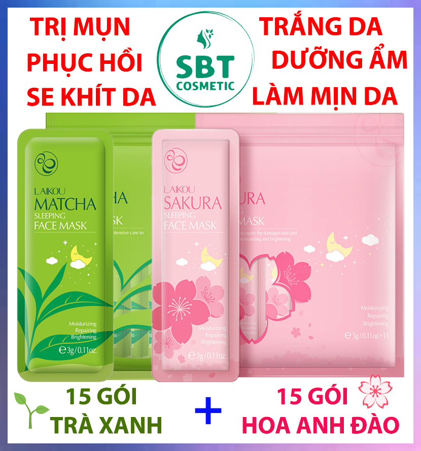 Gồm 30 gói mặt nạ ngủ trà xanh matcha + mặt nạ ngủ hoa anh đào sakura lk - mặt nạ dưỡng da cao cấp dưỡng ẩm giảm mụn trắng da