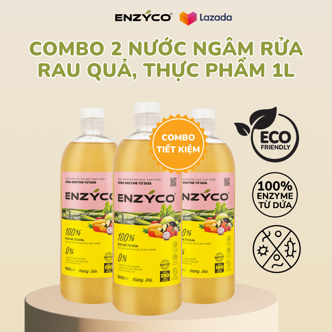 Combo 3 chai nước ngâm rửa rau củ quả sinh học ENZYCO 1L - 100% Enzyme từ dứa giúp loại bỏ hóa chất, vi khuẩn trong thực phẩm, khử mùi tanh thịt cá, an toàn cho bé - Hương dứa