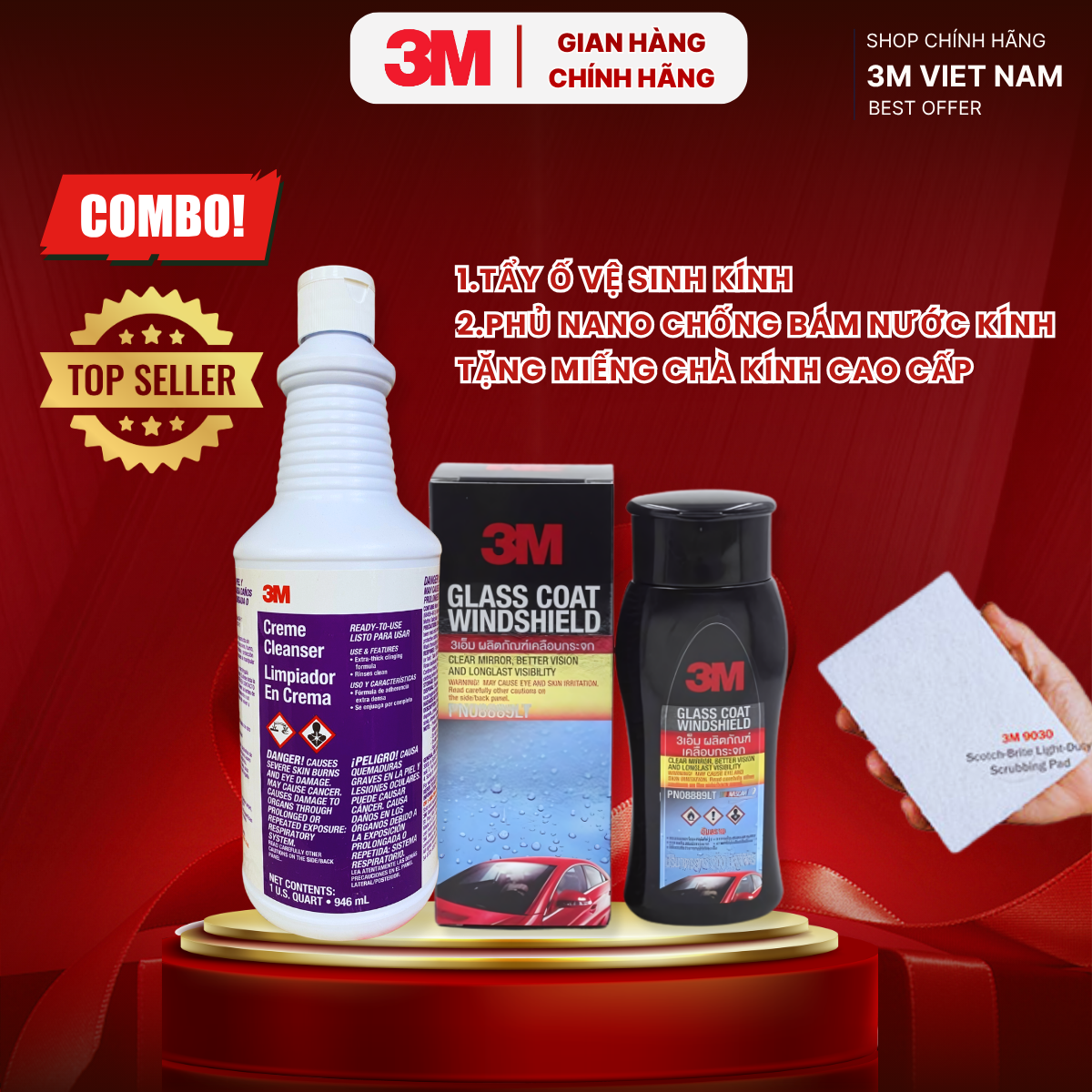 [ Tặng miếng tẩy ố không xước]  Bộ dung dịch vệ sinh kính tẩy ố, cặn canxi và chống bám nước kính 3M™ .Vệ sinh kính 2 bước tiết kiệm - hiệu quả ngay