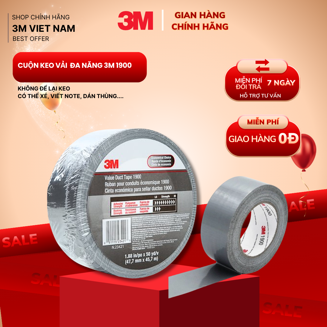 Băng keo đa năng Duct tape 1900 3M™ 47,4mm x 45,7m  - Xé băng tay  dán thùng, đóng hàng vận chuyển sân bay, bó hàng, viết Note thông tin, .... 2 màu xám, vàng