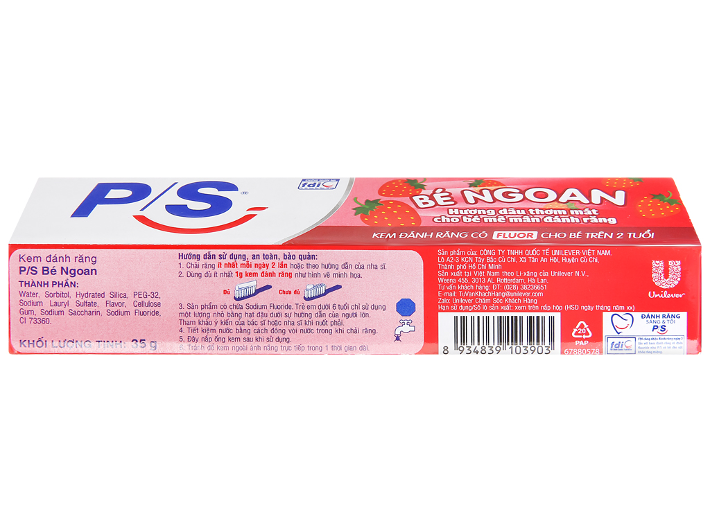 Kem đánh răng cho bé trên 2 tuổi P/S bé ngoan hương dâu 35g
