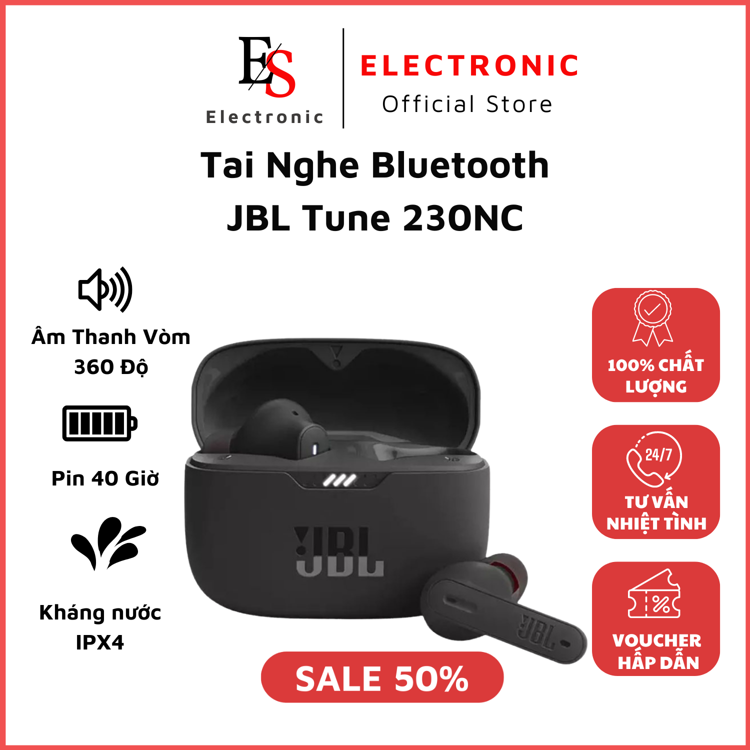 Tai Nghe Bluetooth JBL Tune 230NC TWS- Tai Nghe Không Dây Thể Thao Chống Nước IPX4- Bass Siêu Mạnh- Pin 40H. BH 2 Năm
