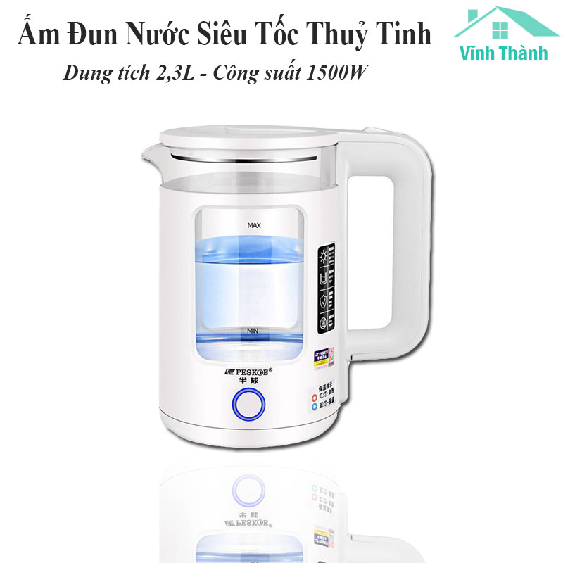 Ấm Siêu Tốc Thủy Tinh Cách Nhiệt - Ấm Đun Nước Thủy Tinh Công Suất 1500W Dung Tích 2,3 Lít - Bảo Hành 6 Tháng