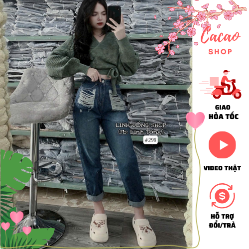Quần bò nữ Baggy jean mã 298, Quần Baggy Jean nữ lưng cao phong cách, Cạp quần cao vừa phải chất bò mịn
