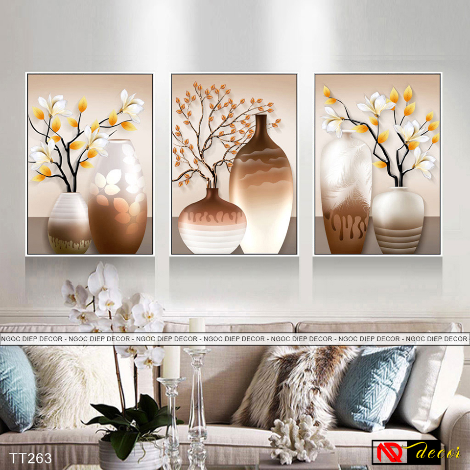 Bộ 20 mẫu tranh dán tường hoa hiện đại 3 tấm - Tranh décor phòng khách, phòng ngủ phong cách hiện đại